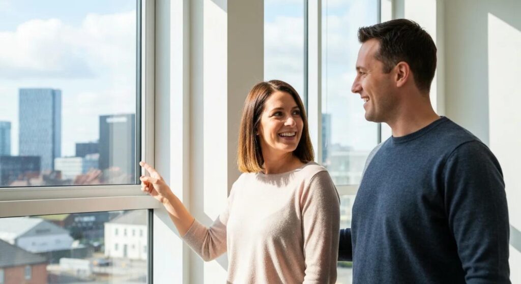 Young couple discussing urgent conveyancing in Manchester with a cityscape backdrop