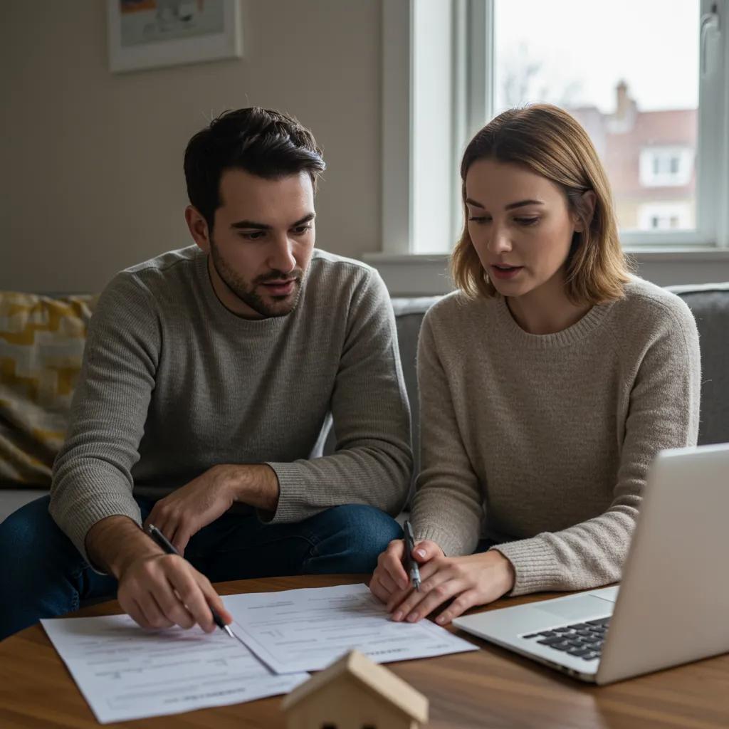 Young couple discussing low-cost conveyancing fees in a cozy living room