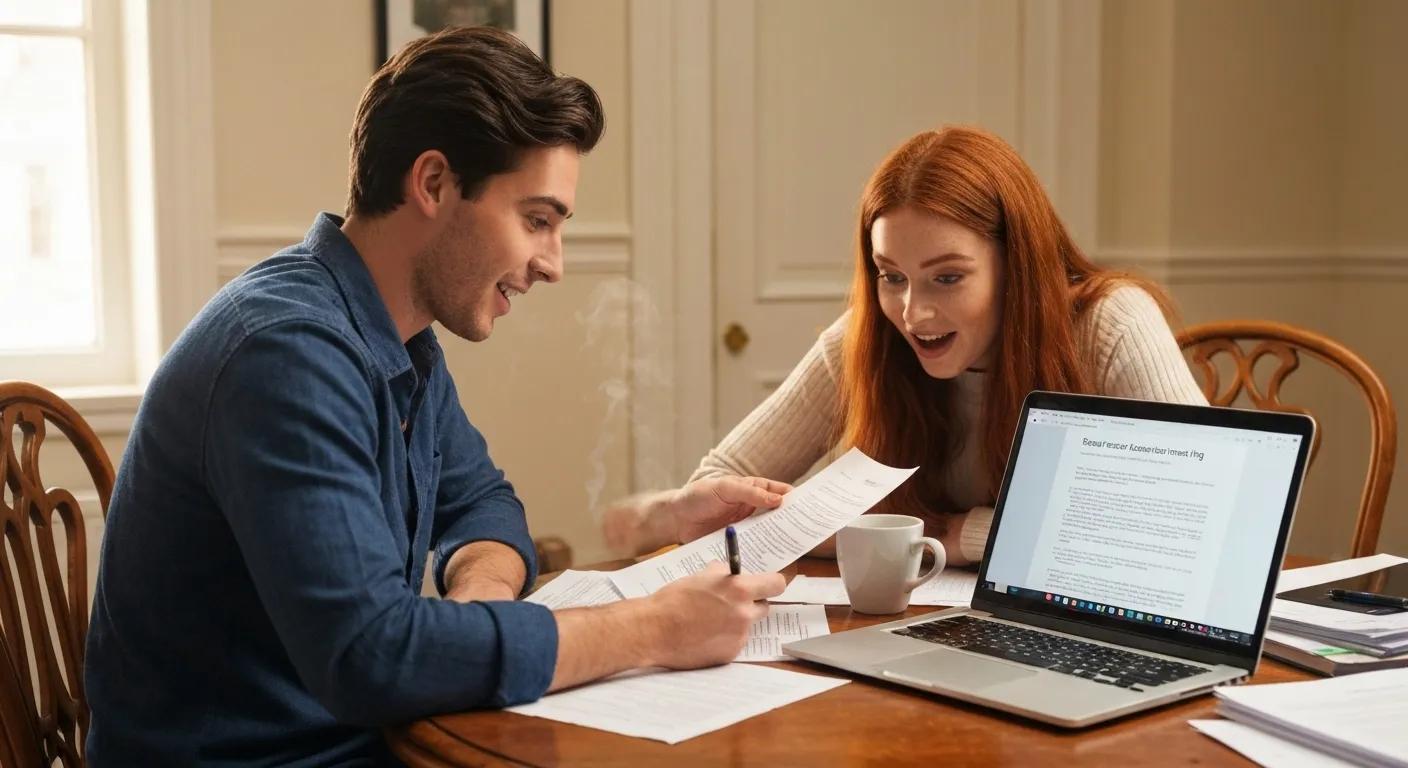 Young couple reviewing property documents as first-time buyers
