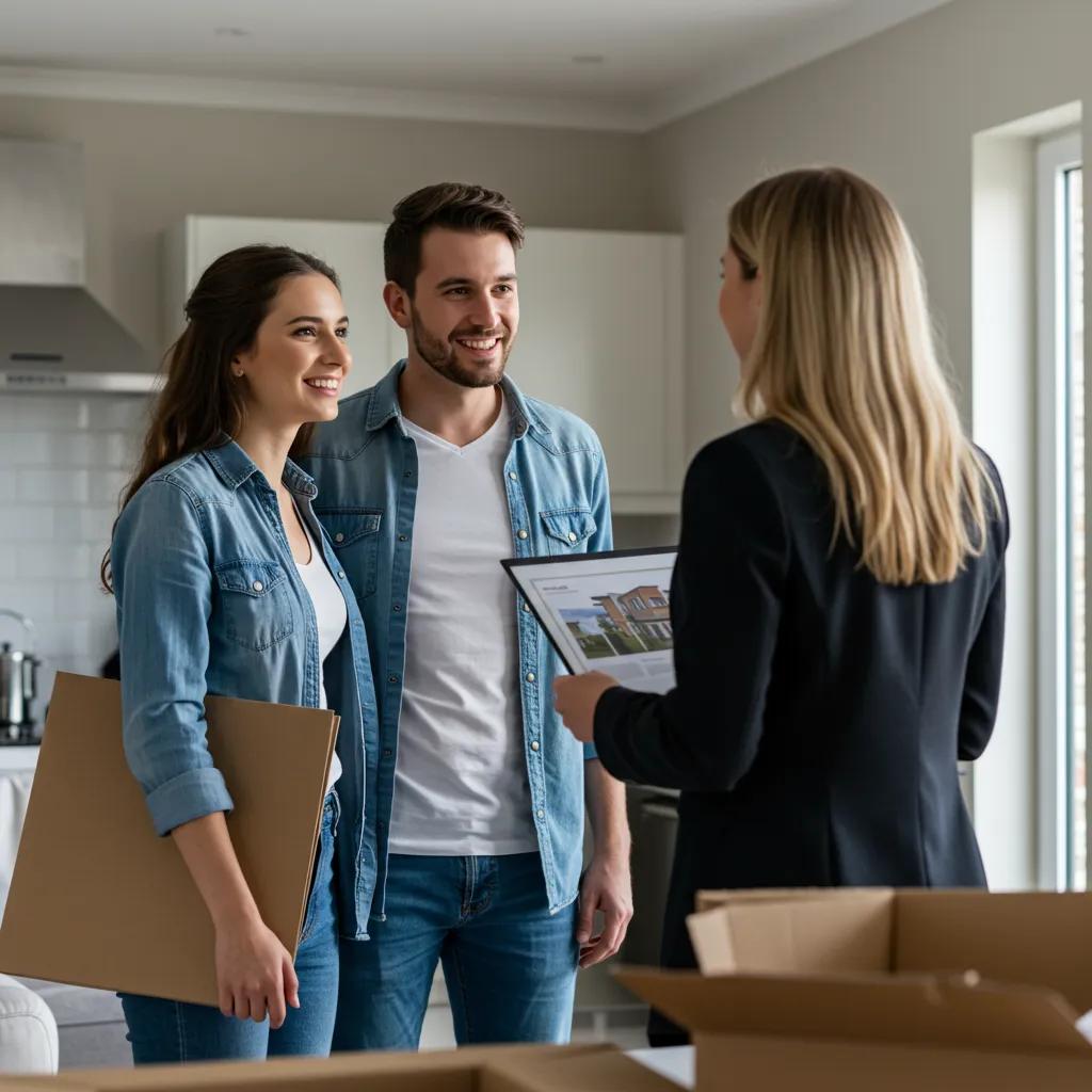 Young couple exploring a new home with a real estate agent, highlighting the journey of first-time buyers in conveyancing