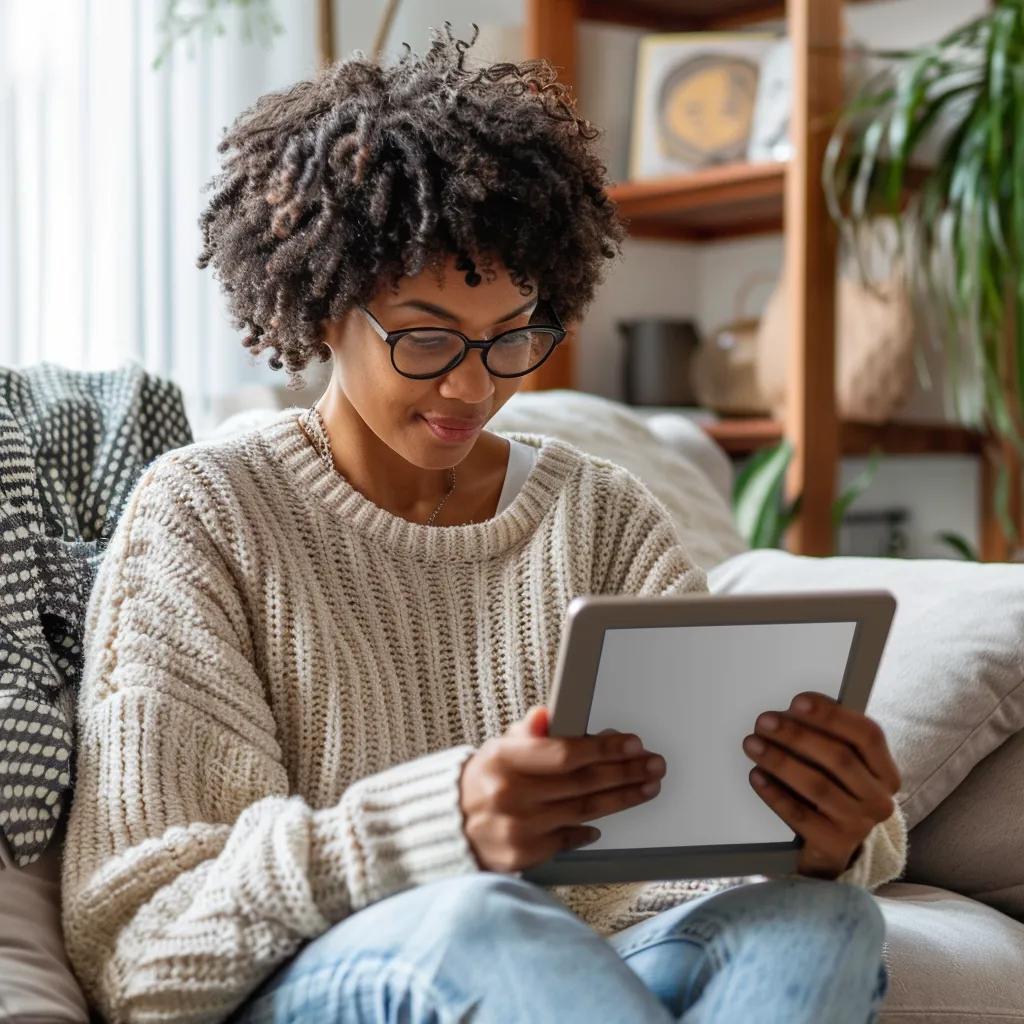 Person feeling relieved while reviewing a transparent conveyancing quote on a tablet