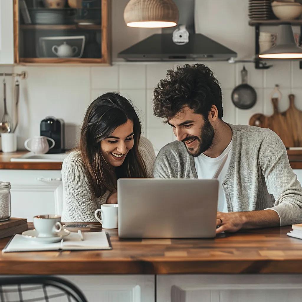 Couple comparing conveyancing quotes online in a bright kitchen
