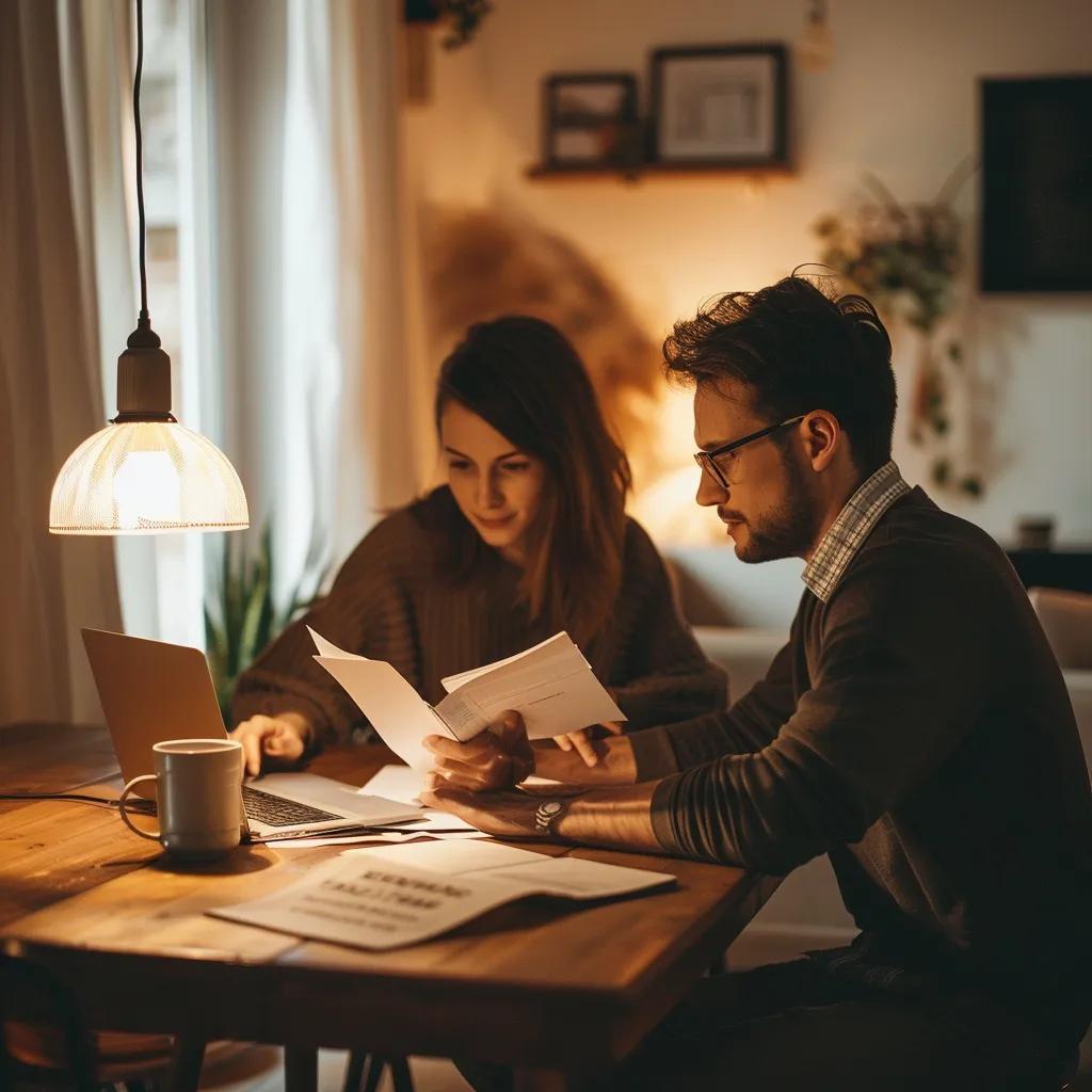 Couple reviewing a conveyancing quote online in a cozy home setting