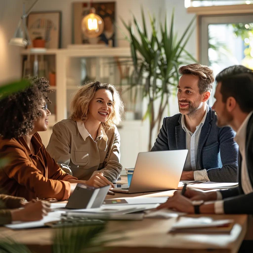 Diverse group discussing property documents in a cozy office, emphasizing budget conveyancing