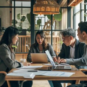 Diverse group discussing budget solicitor conveyancing in a cozy office