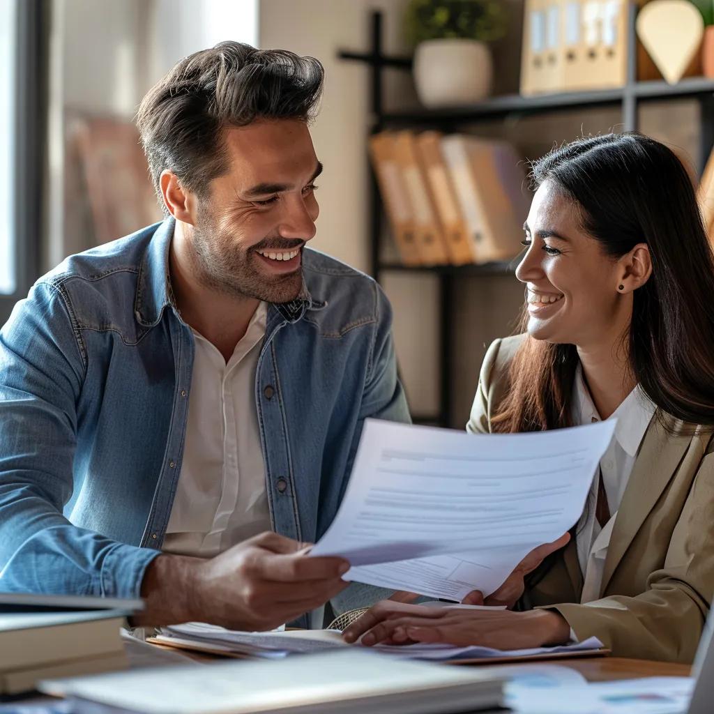 Conveyancing solicitor assisting first-time homebuyer in a modern office