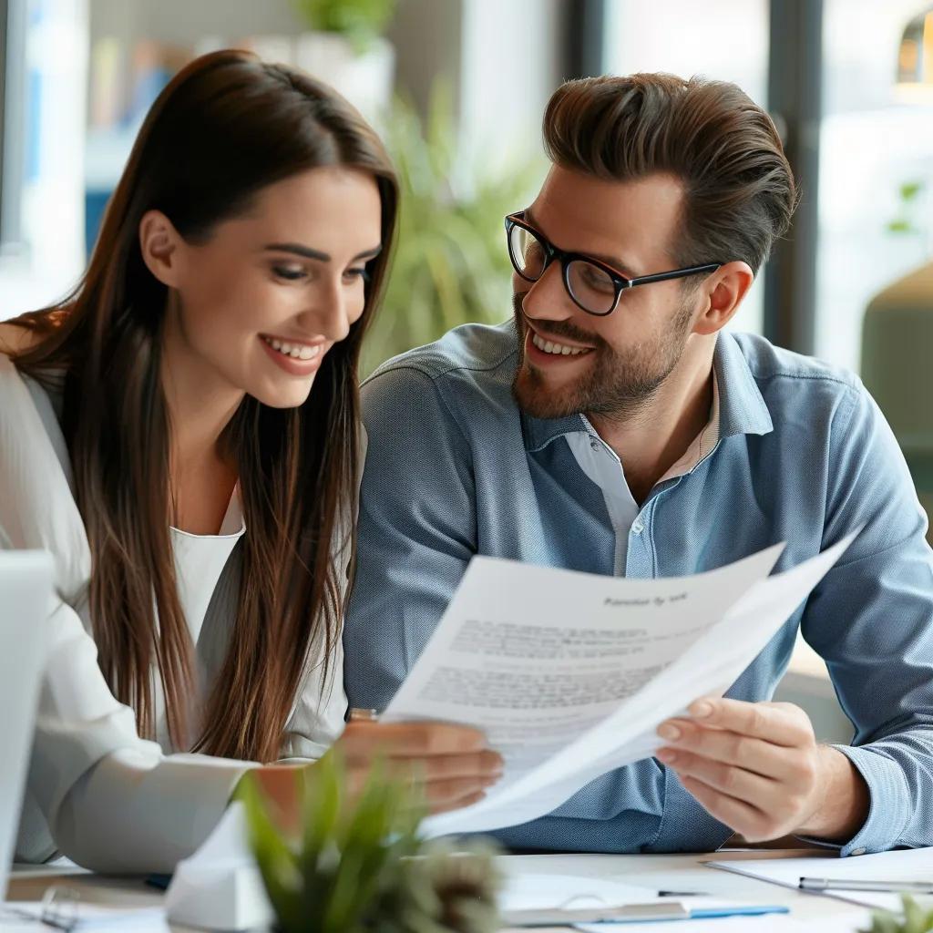 Young couple reviewing home purchase documents with a conveyancer, illustrating the process for first-time buyers