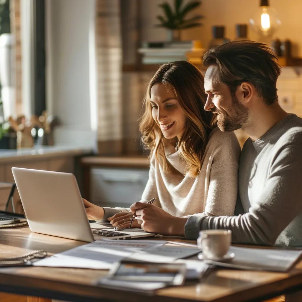 Couple discussing conveyancing fees at home with a laptop and property documents