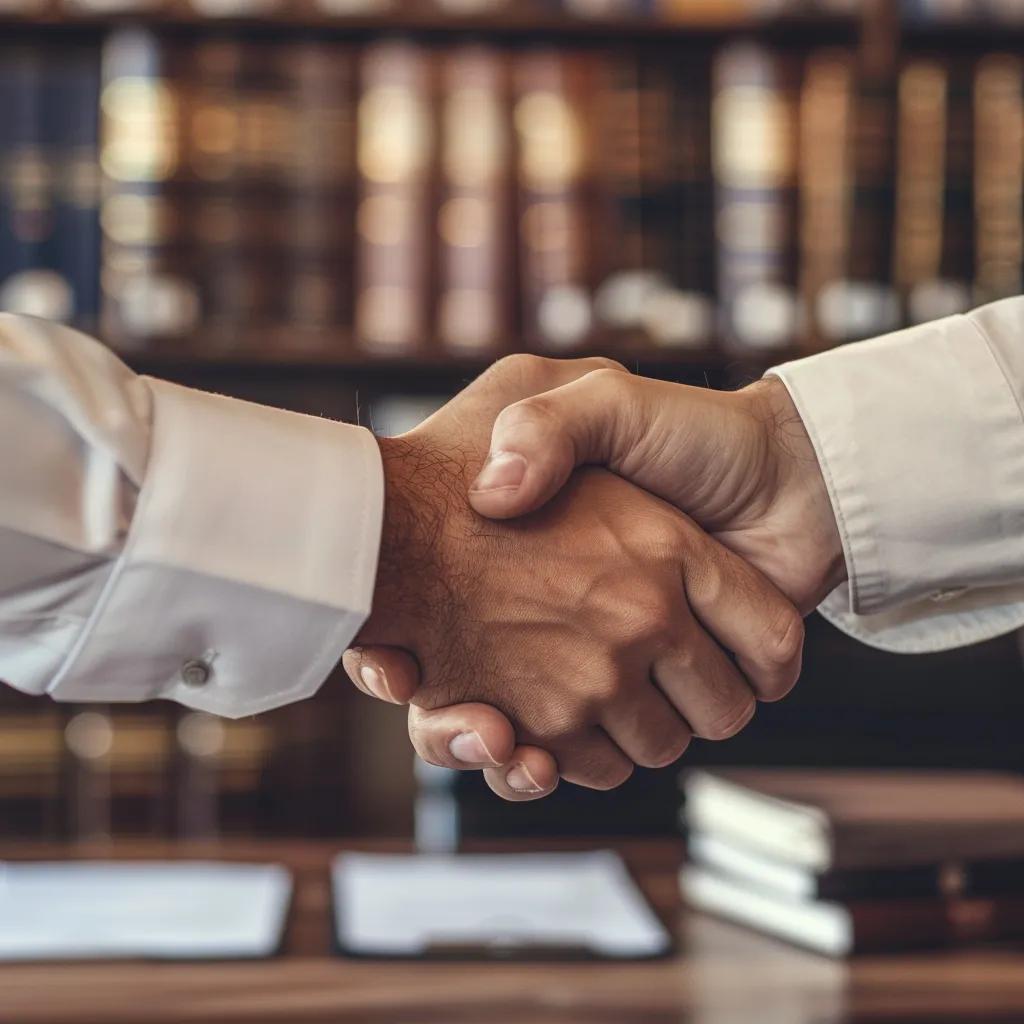 Client shaking hands with a conveyancing solicitor in a professional office