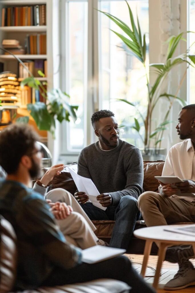 Diverse group discussing property transactions in a cozy home setting