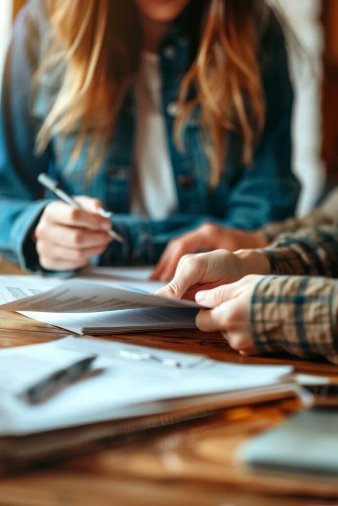 First-time homebuyers reviewing conveyancing documents at a cozy table