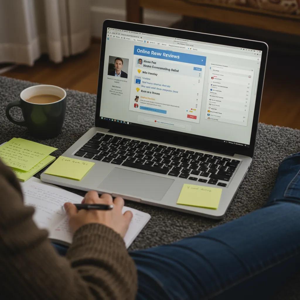 Person researching online reviews for choosing a fixed fee conveyancing solicitor