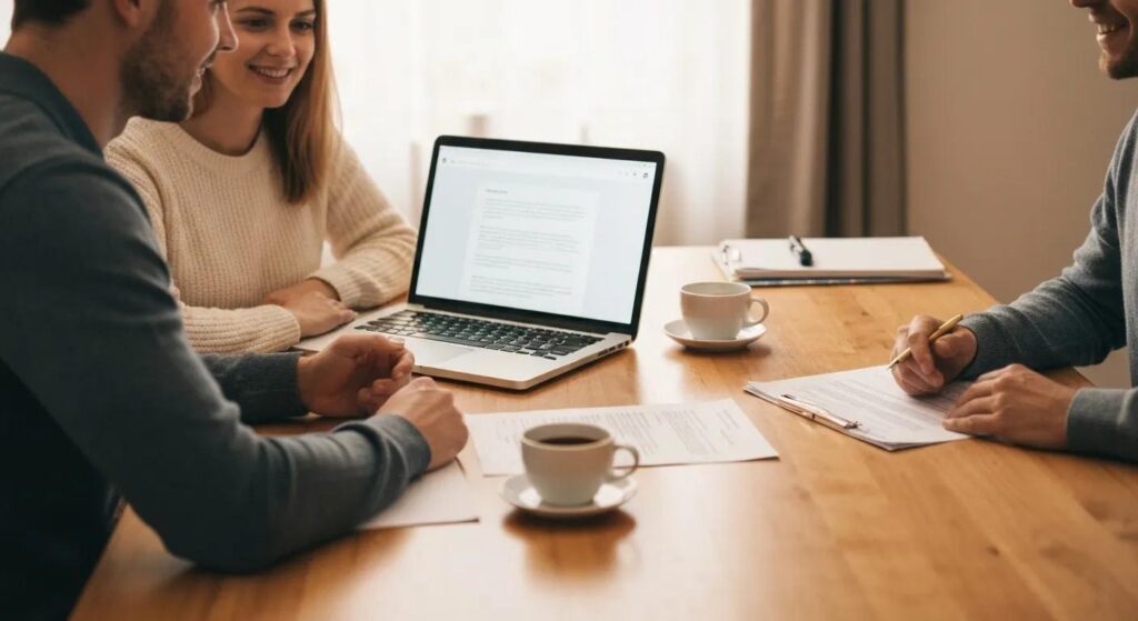 Couple reviewing conveyancing quotes online at a cozy dining table