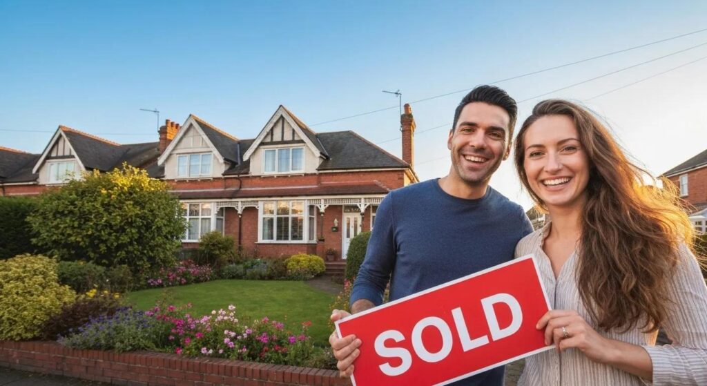 Happy couple celebrating their new home purchase in Manchester with a 'Sold' sign