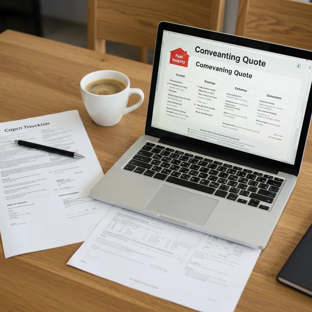 Digital workspace with a laptop showing a conveyancing quote, symbolizing fast property transactions in London