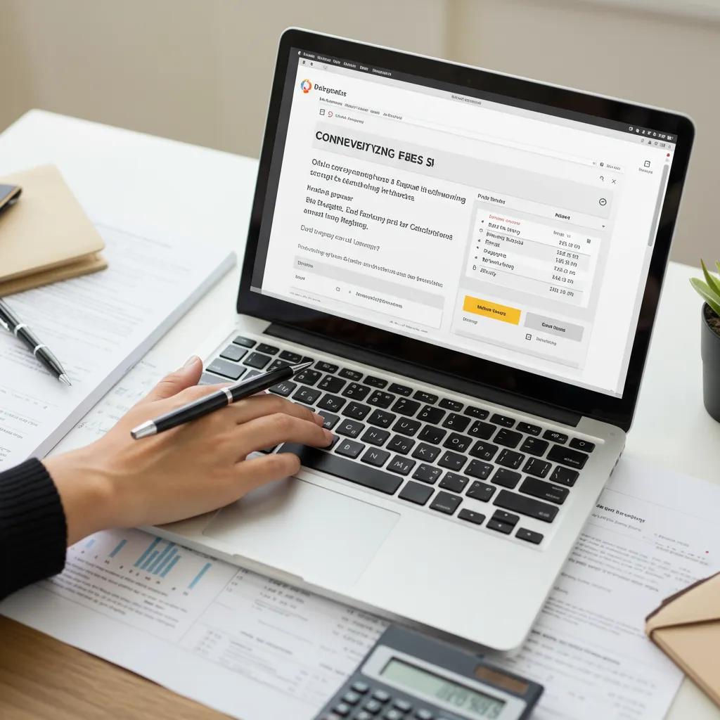 Online conveyancing fees calculator interface with a person analyzing documents
