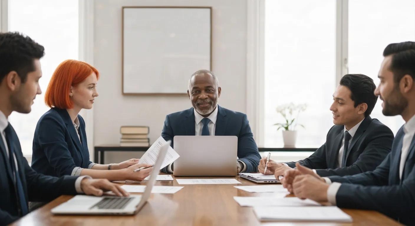 Diverse legal professionals collaborating on conveyancing strategies in a meeting room