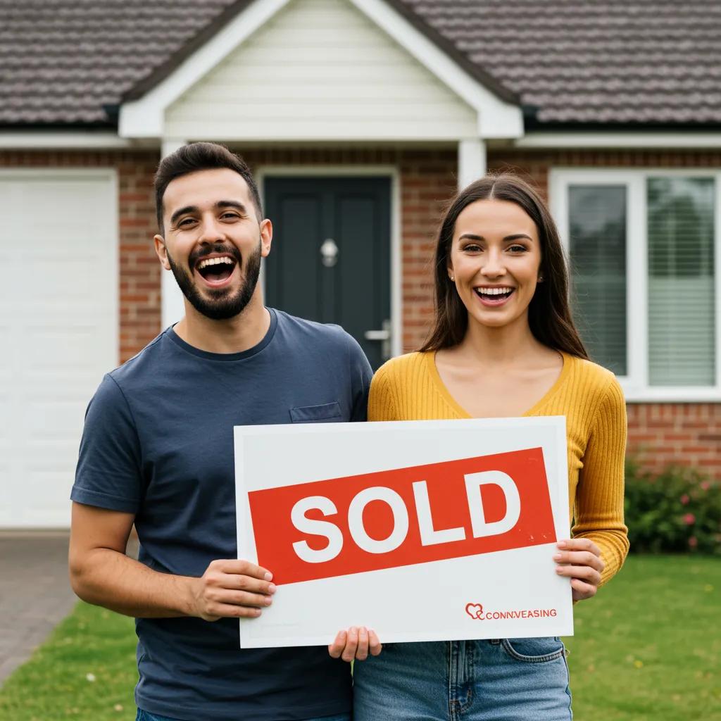 Happy homeowner with a 'Sold' sign in front of their new home, reflecting positive experiences with conveyancing services