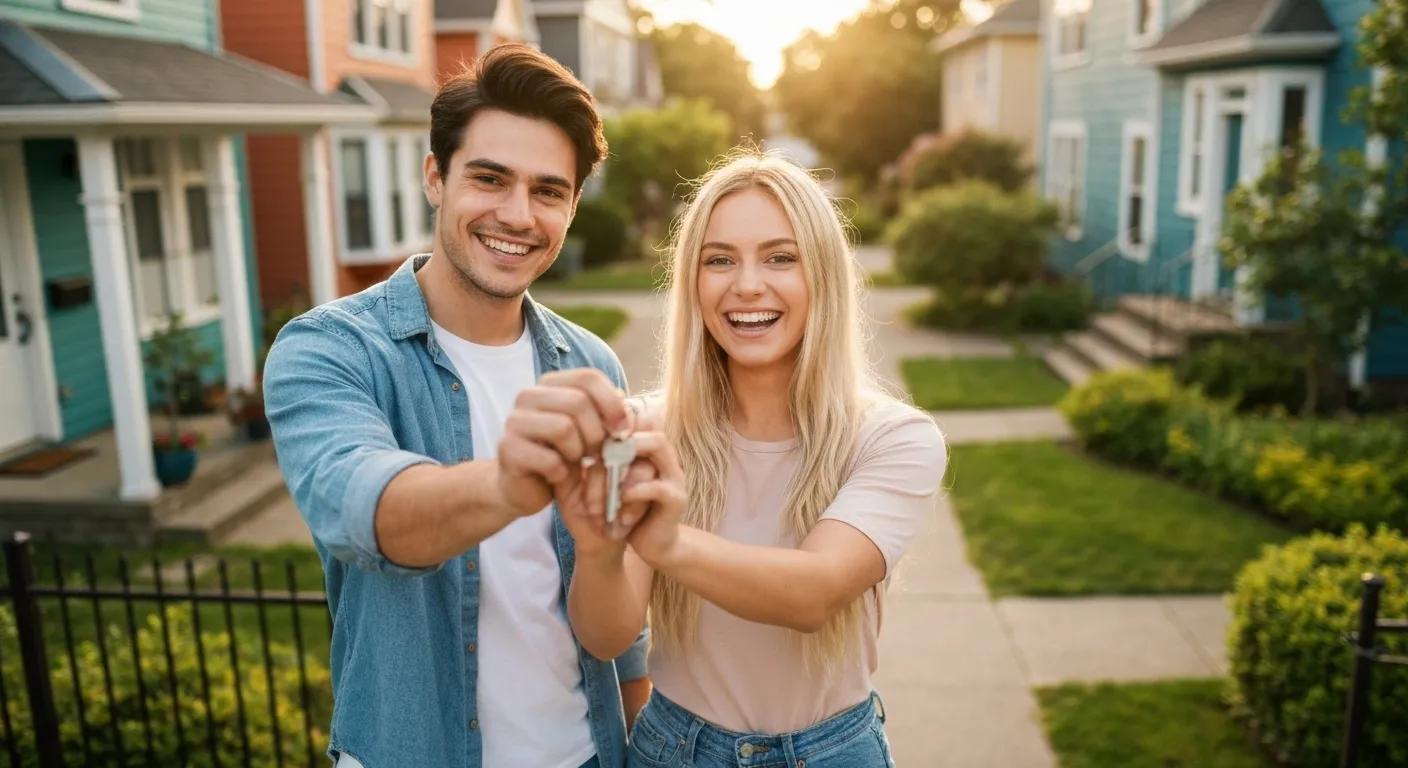 Young couple celebrating their first home purchase, highlighting support for first-time buyers