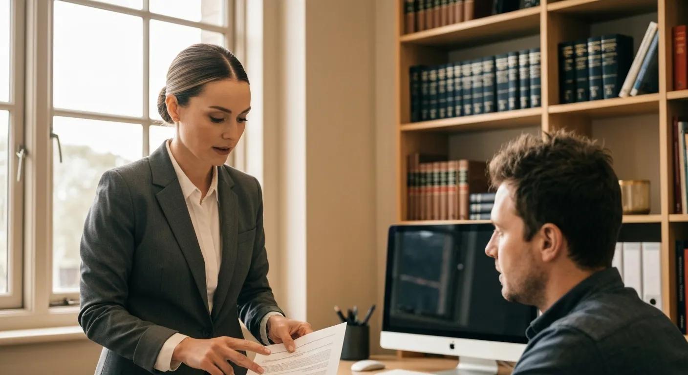 Conveyancer explaining the new build conveyancing process to a first-time buyer in a modern office