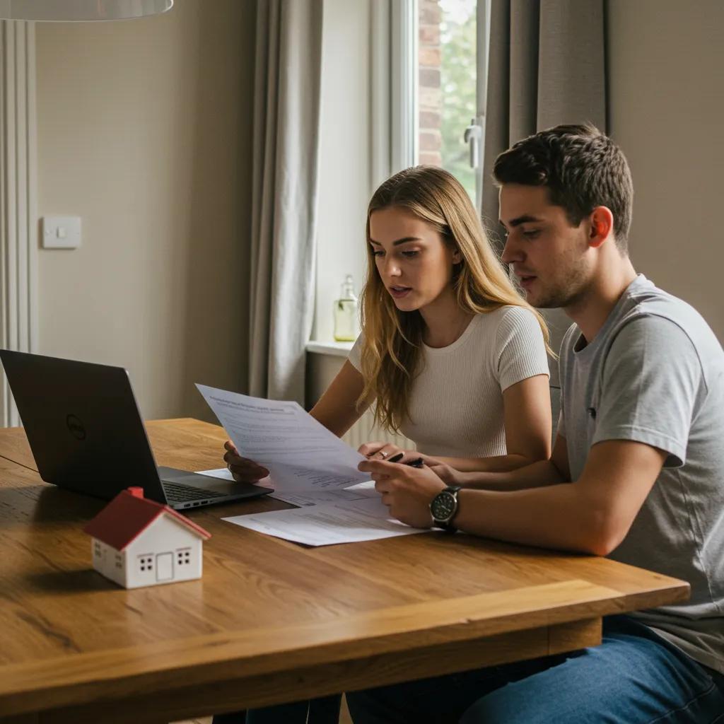 Young couple reviewing home purchase documents, illustrating the benefits of online conveyancing for first-time buyers