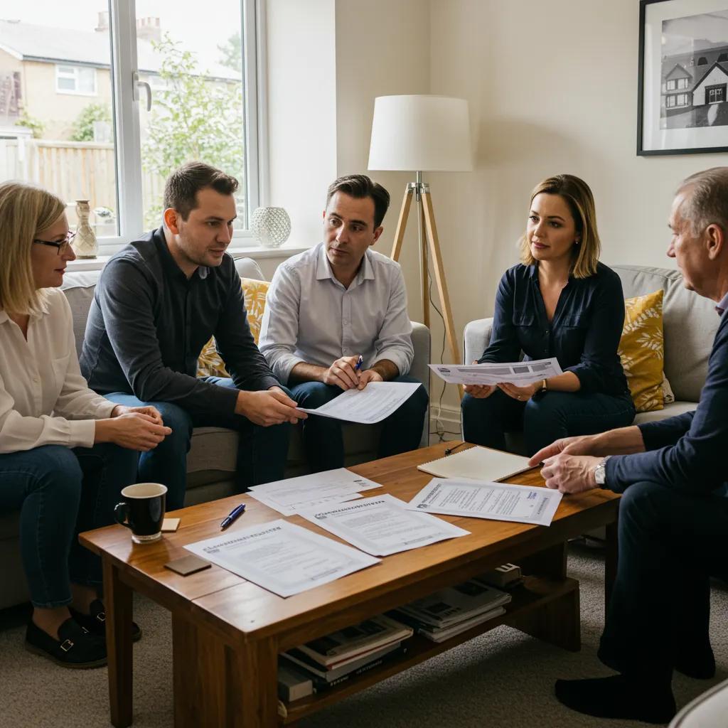 Group discussing conveyancing quotes in a cozy living room setting