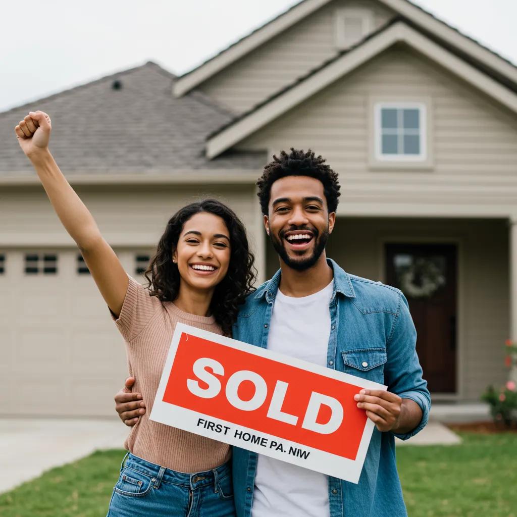 Young couple celebrating their first home purchase in front of their new house