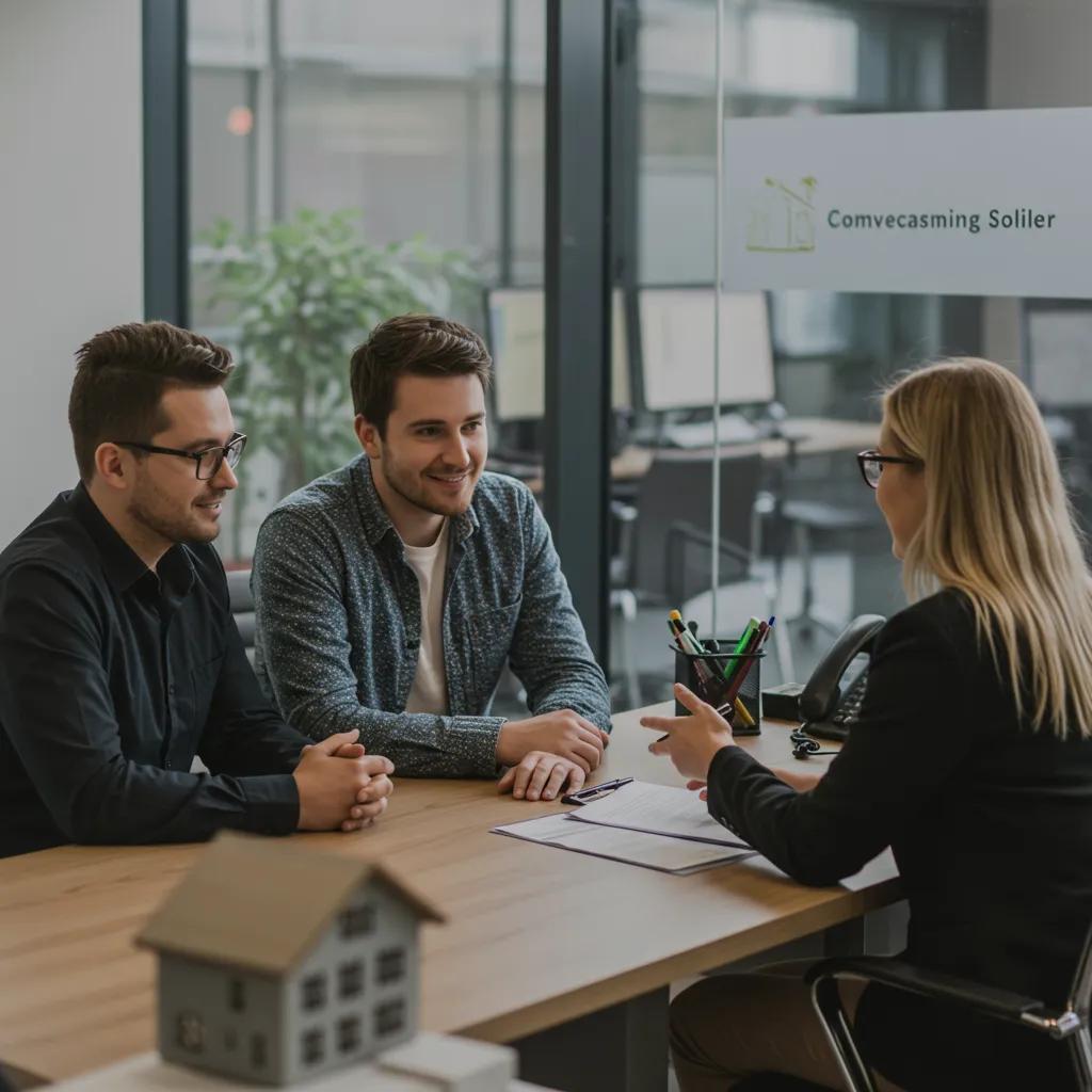 Couple consulting with a conveyancing solicitor in a modern office, emphasizing trust and professionalism in property transactions