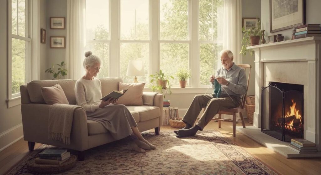 Retired couple reviewing online conveyancing quotes in a cozy home office