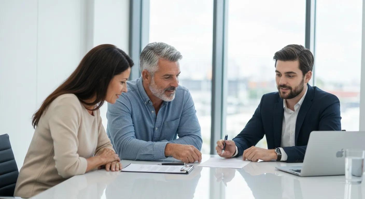 Couple consulting with a conveyancing solicitor about the property transaction process