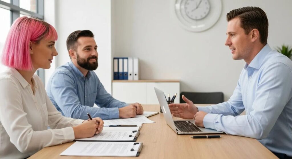 Diverse clients consulting with a conveyancing solicitor in a modern office, highlighting property legal services