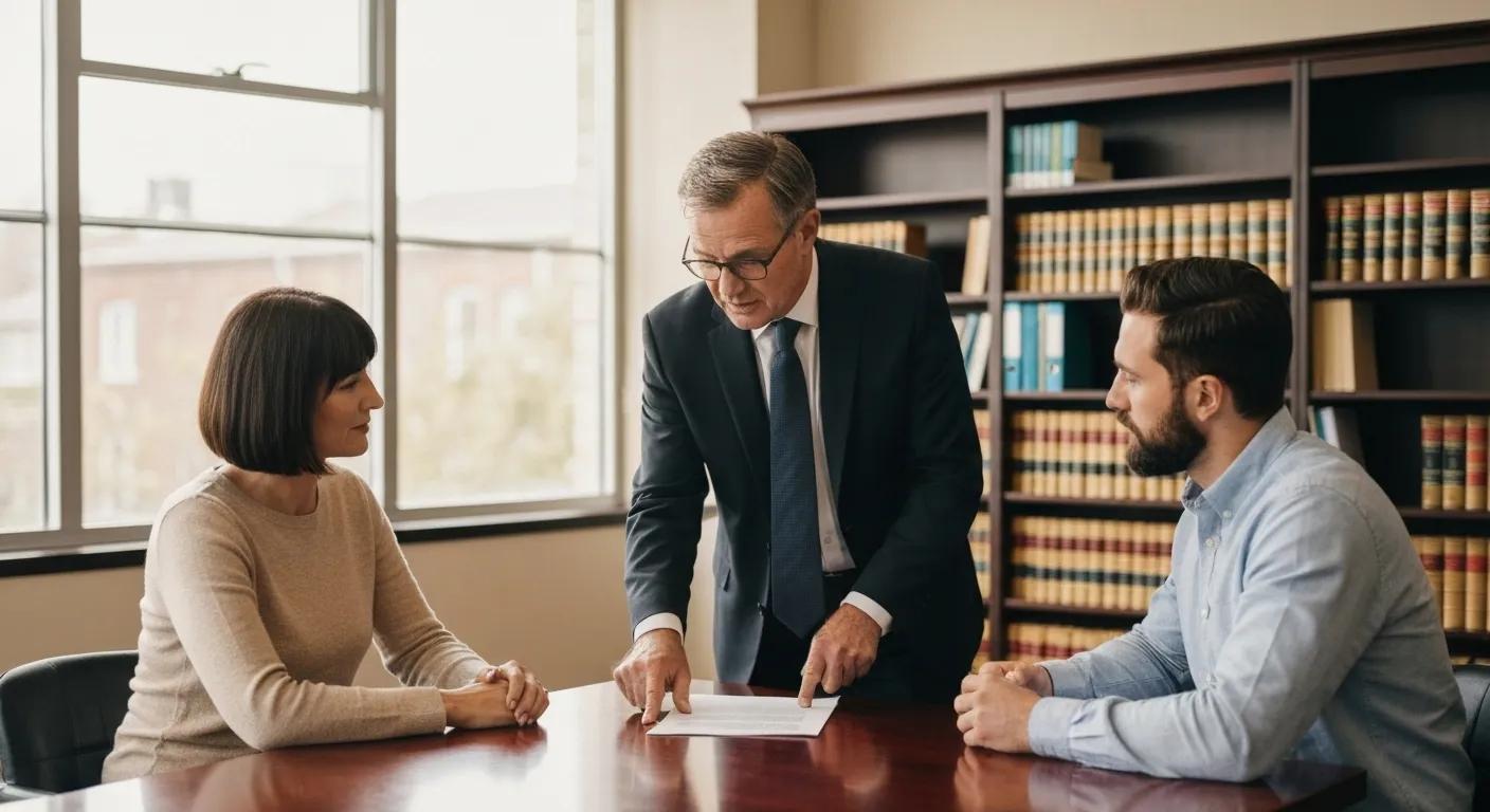 Solicitor explaining the conveyancing process to a couple in an office
