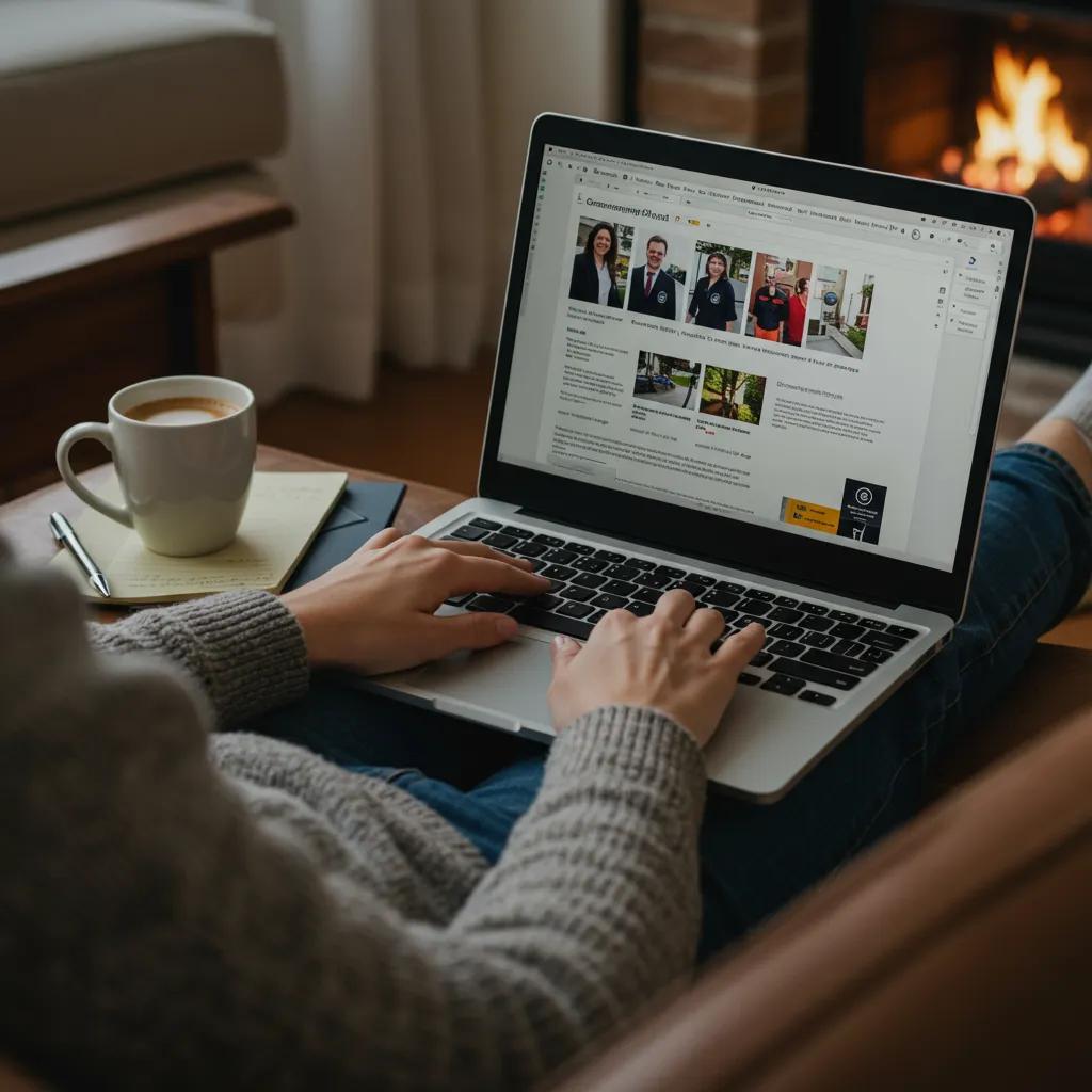 Person comparing conveyancing solicitors on a laptop in a cozy home office, representing informed decision-making