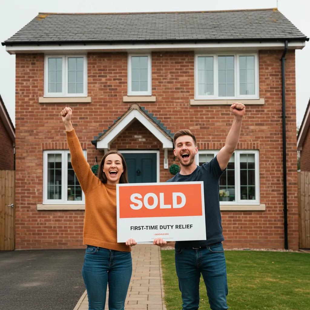 Happy couple celebrating in front of their new home with a 'Sold' sign