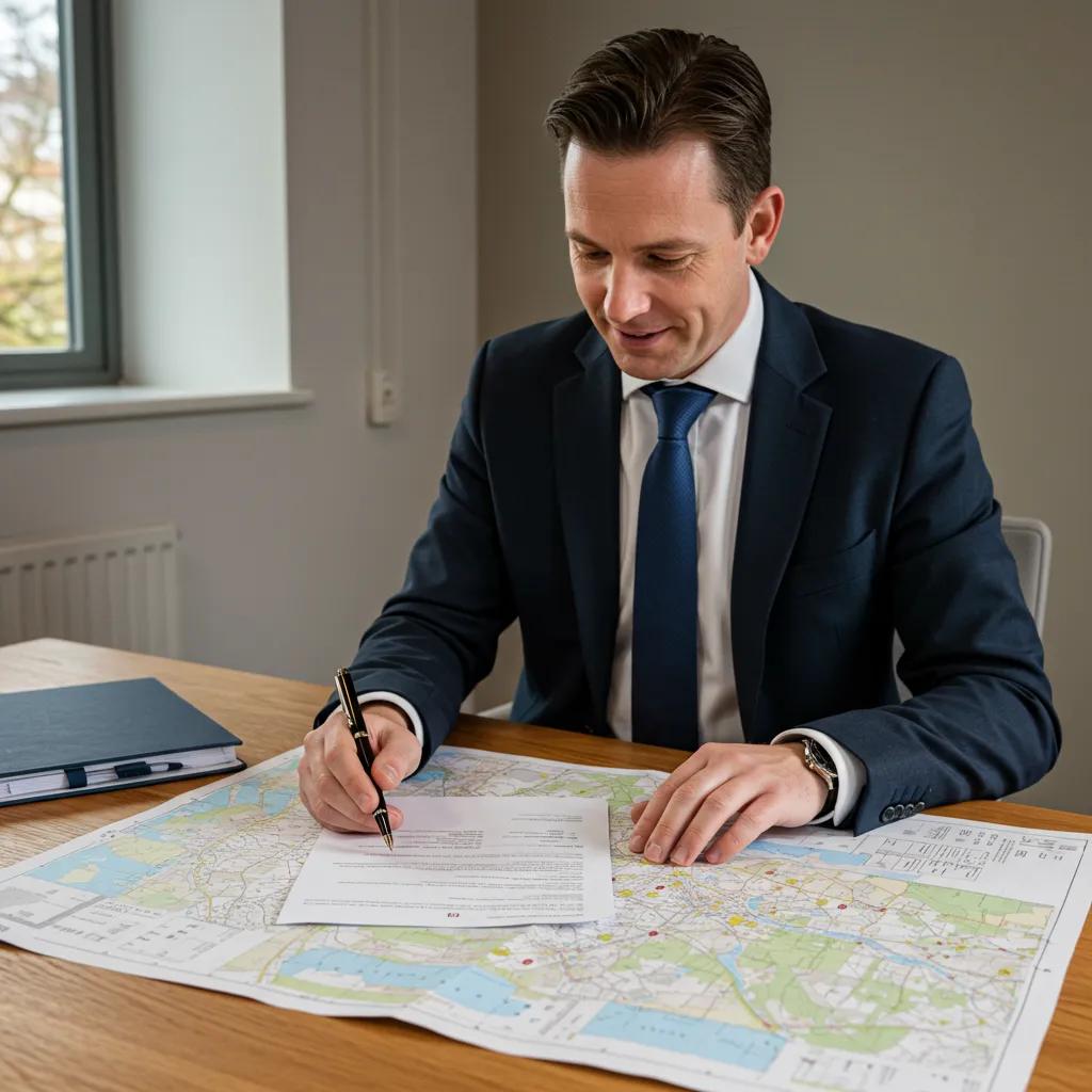 Local conveyancer reviewing property documents with a map, highlighting the importance of local expertise in conveyancing
