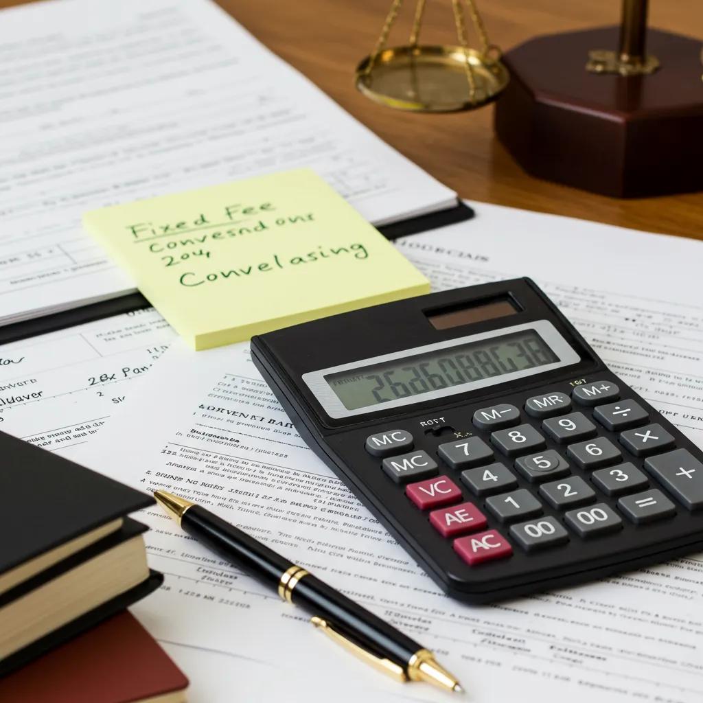 Calculator and legal documents representing costs included in fixed fee conveyancing