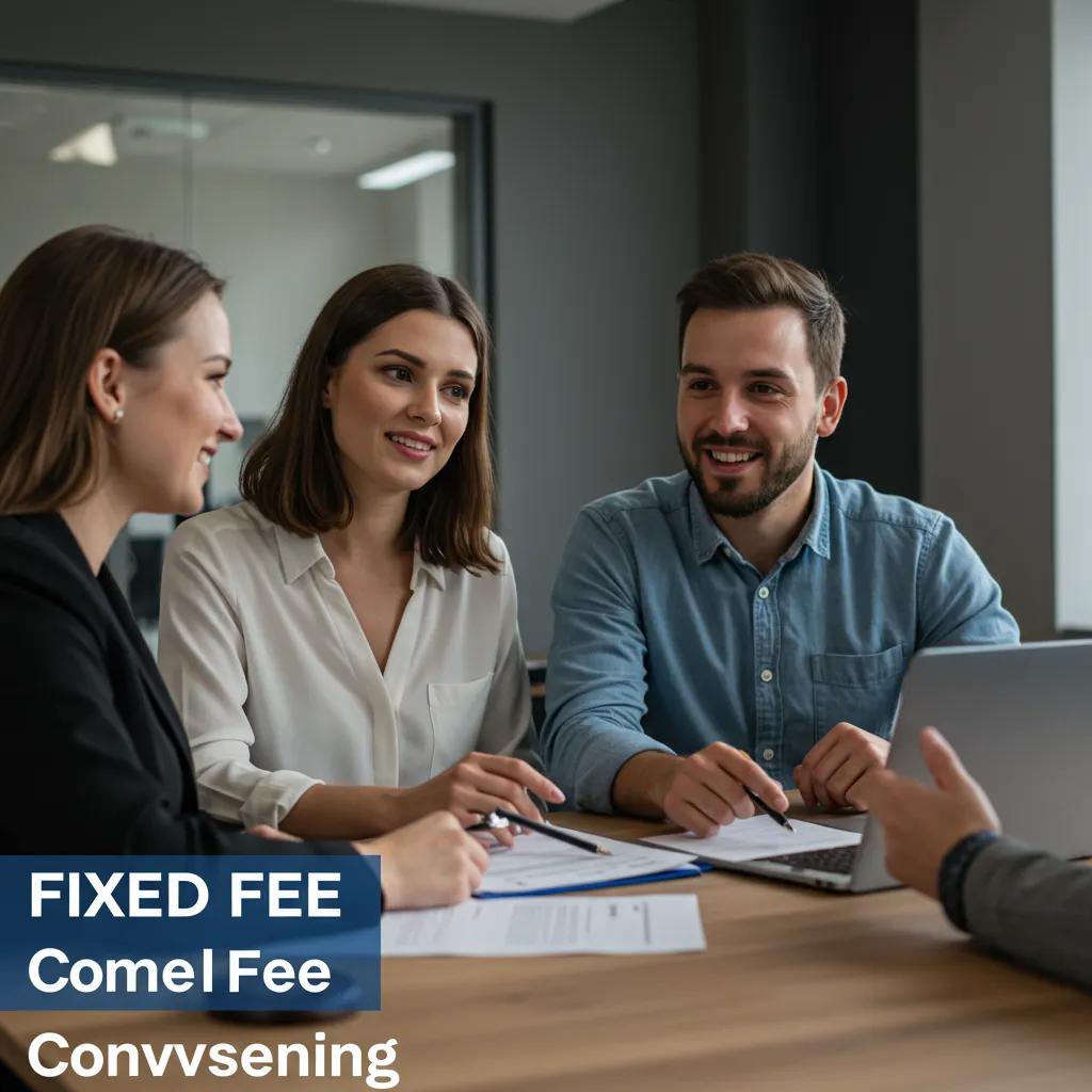 Happy couple consulting with a solicitor about fixed fee conveyancing in a modern office