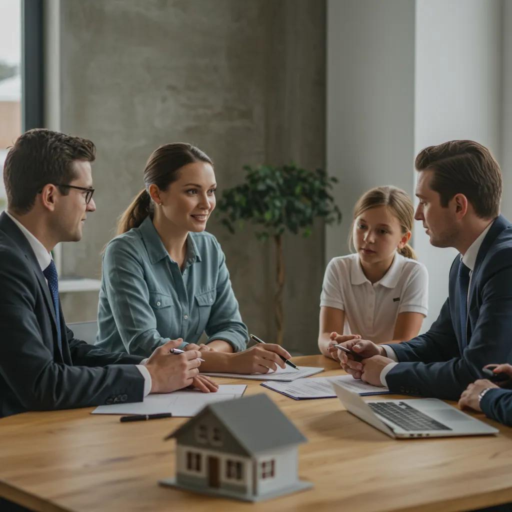 Family consulting with a conveyancing solicitor in a modern office, emphasizing trust and professionalism in home buying