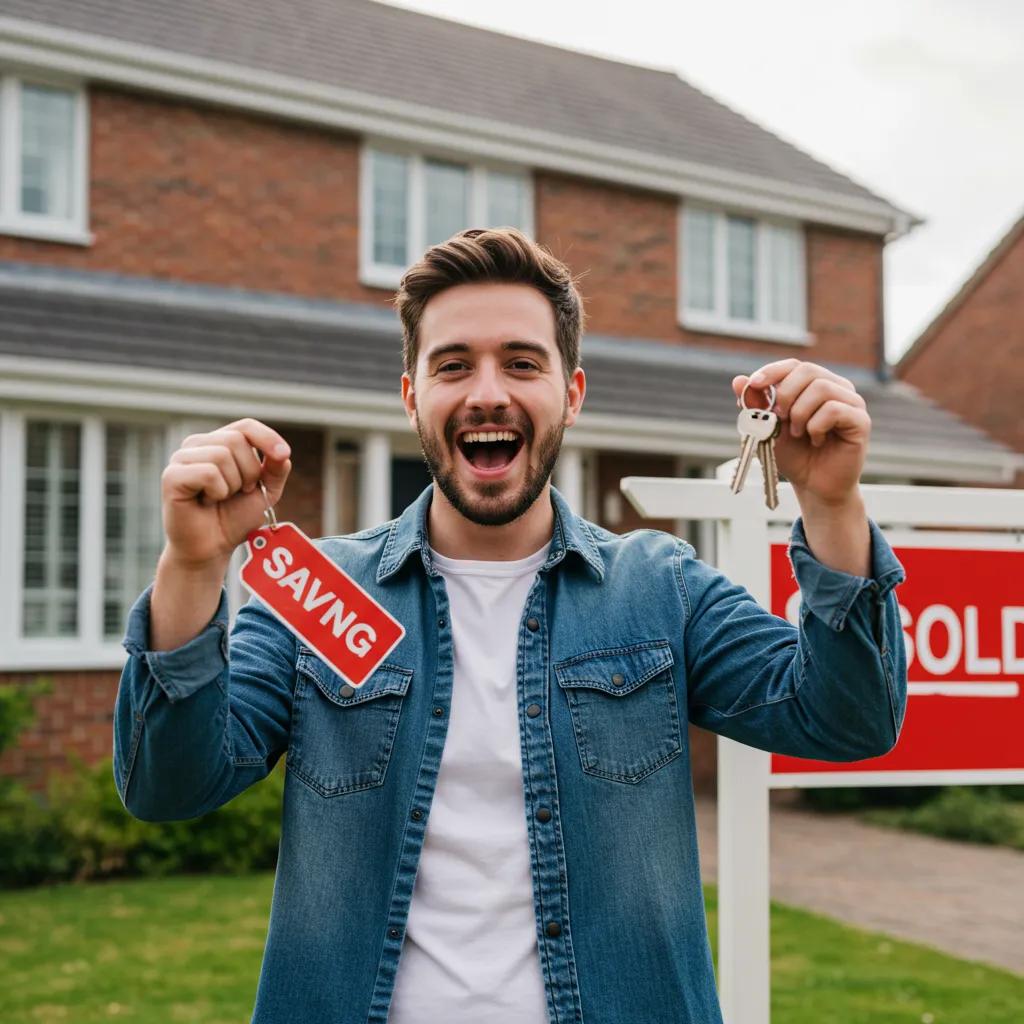 First-time homebuyer celebrating savings on conveyancing fees in front of a new home