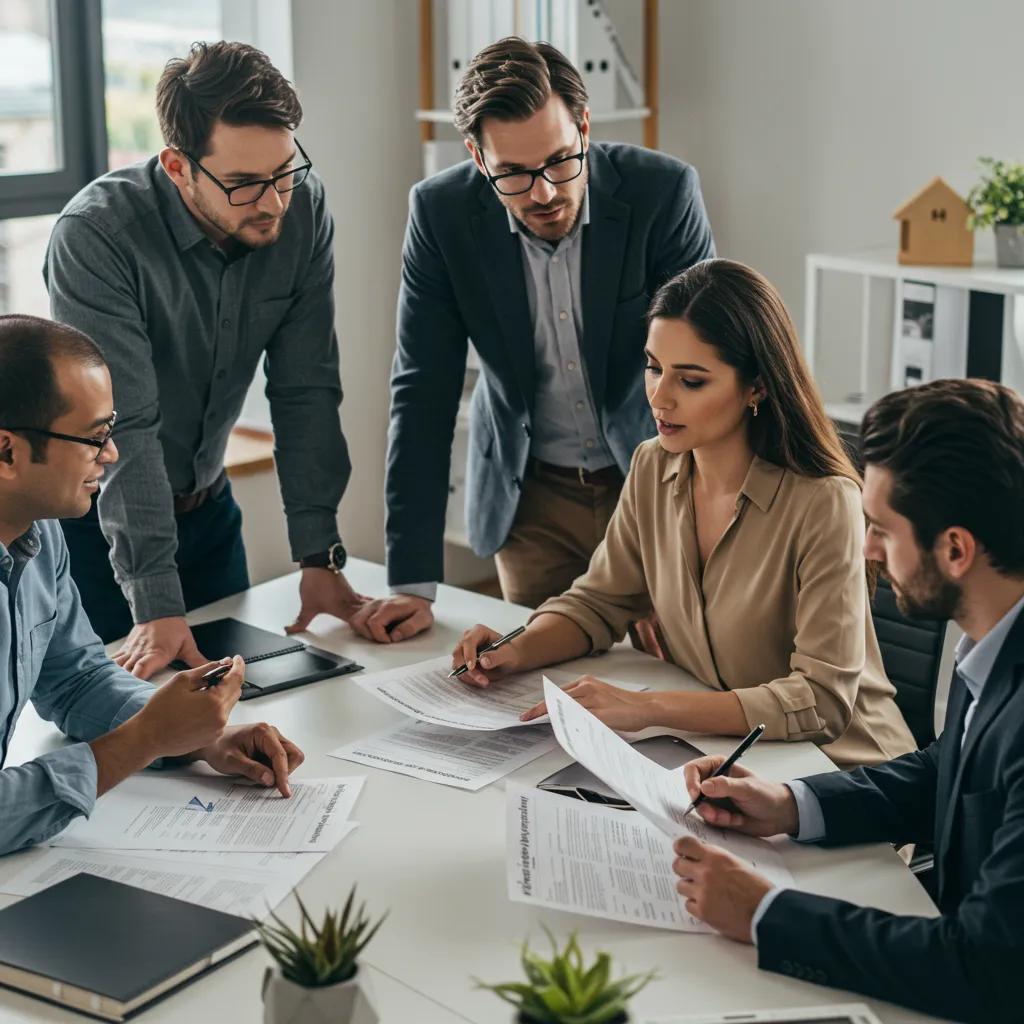 Group of diverse individuals discussing property documents in a modern office, emphasizing collaboration in conveyancing