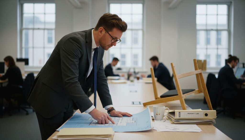 Solicitor reviewing new build housing blueprints