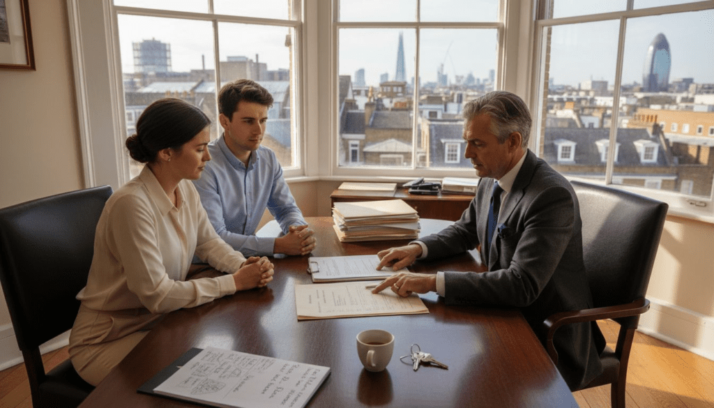 Property solicitor meeting with clients in London office