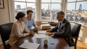 Property solicitor meeting with clients in London office