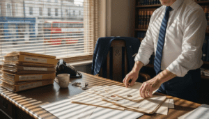 Conveyancer reviewing property documents in office