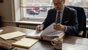 Conveyancer reviewing property documents in office