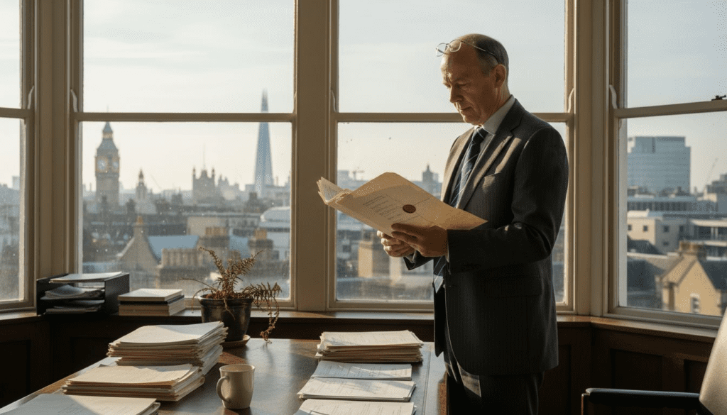 London solicitor reviewing documents in corner office