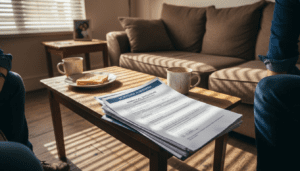 Man reviewing mortgage documents at home