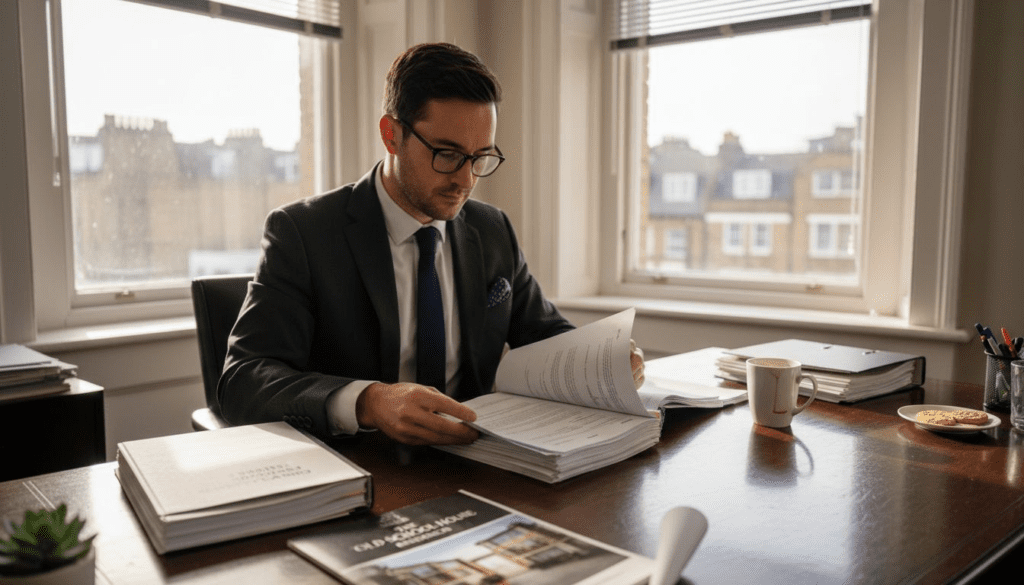 Solicitor reviewing documents in bright corner office