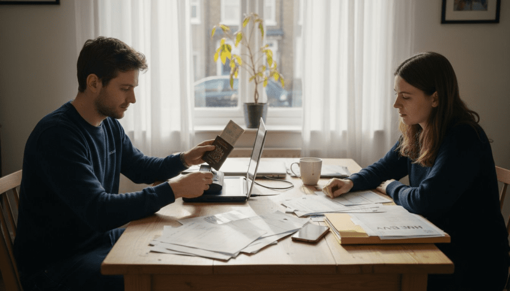 Couple preparing documents in London flat