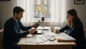 Couple preparing documents in London flat